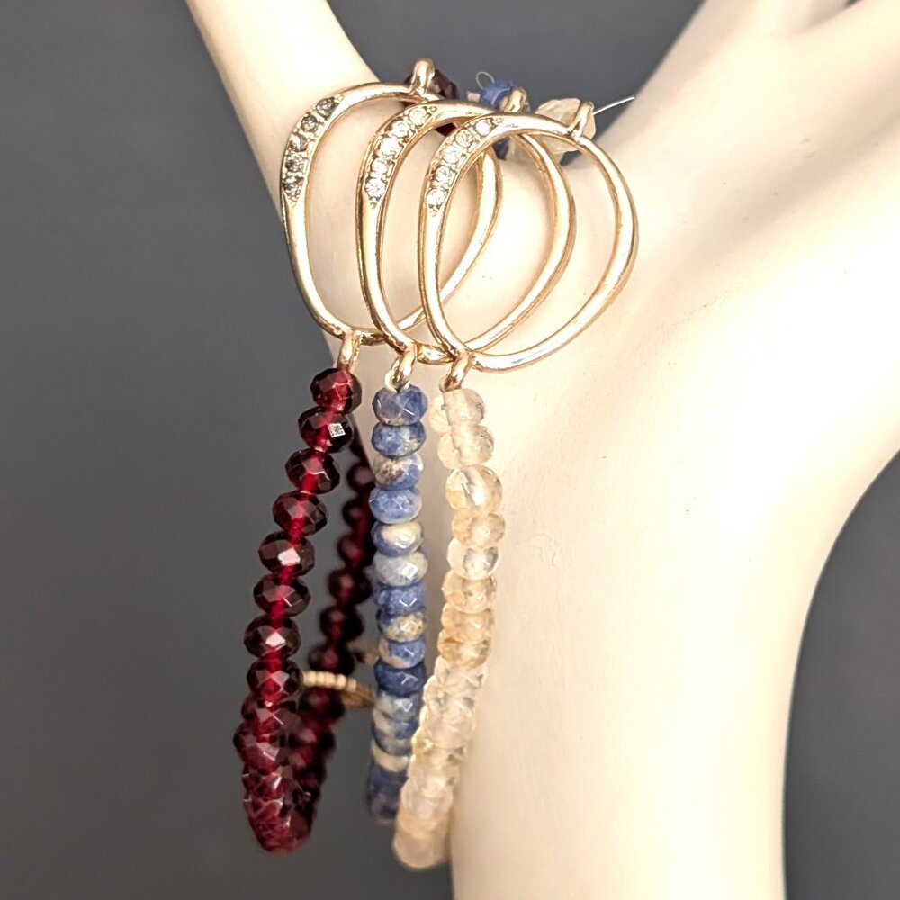 3 layering stretch crystal beaded bracelets with gold metal and crystal accents